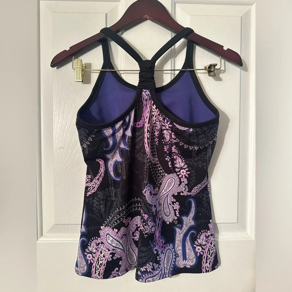 ATHLETA Retro Black Purple Knotted Racerback Paisley Bra S RICH SATURATED COLORS - Picture 2 of 7